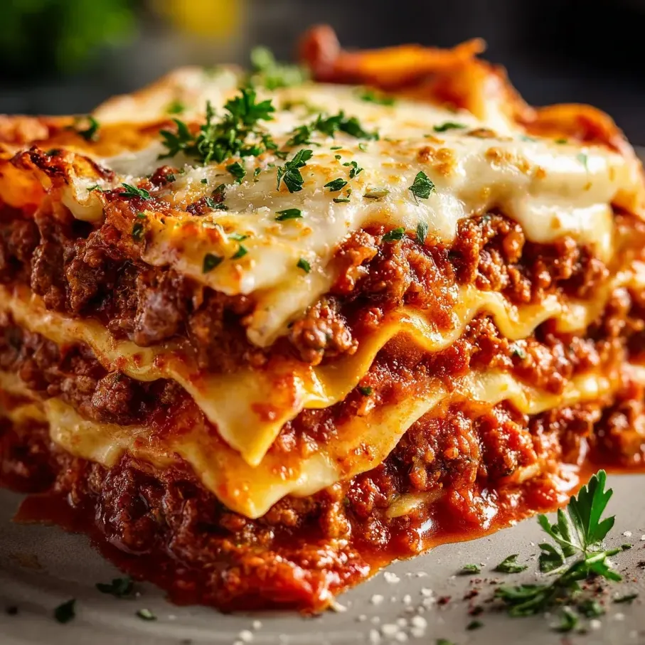 Slices of lasagna stacked with cheesy topping and sprinkled herbs.