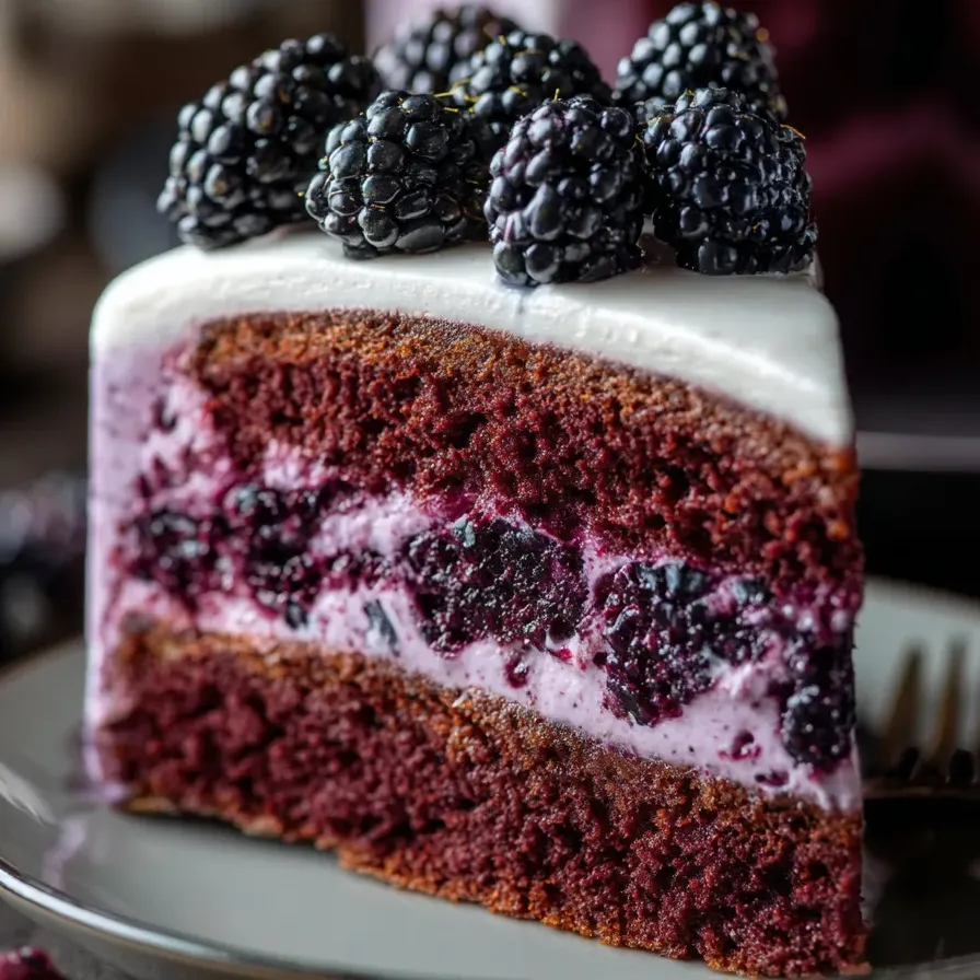 A thick slice of bright red cake topped with blackberries.