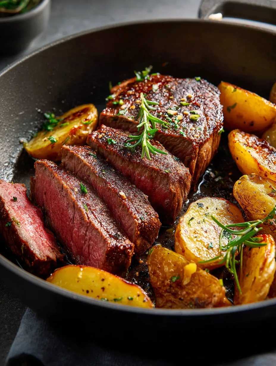 A pan of food with meat and potatoes.
