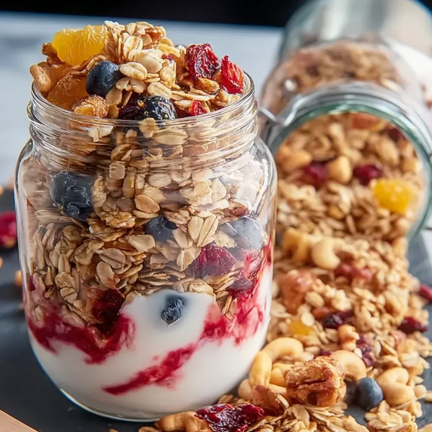Jar filled with golden granola, next to orange slices and blueberries.