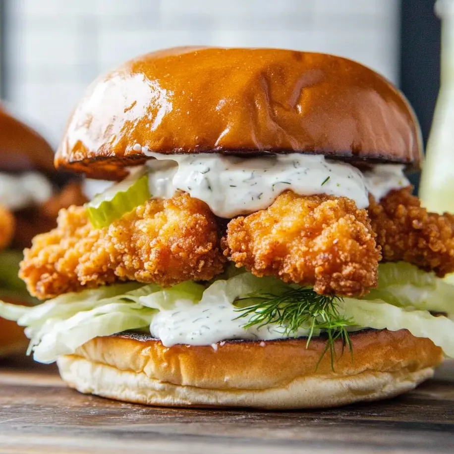 Sandwich stacked with fried chicken and a layer of lettuce.
