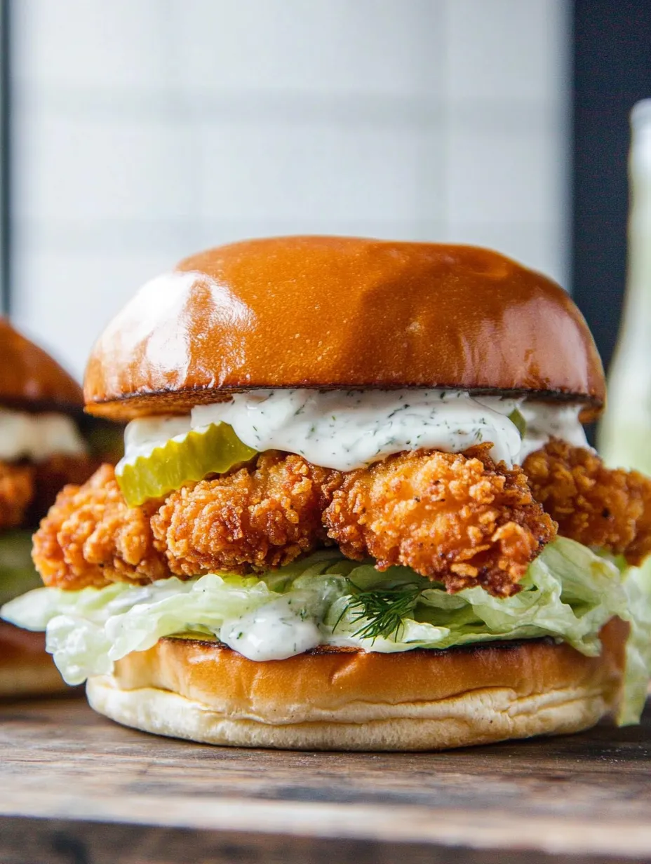 A burger stacked with mayonnaise, pickles, and lettuce.