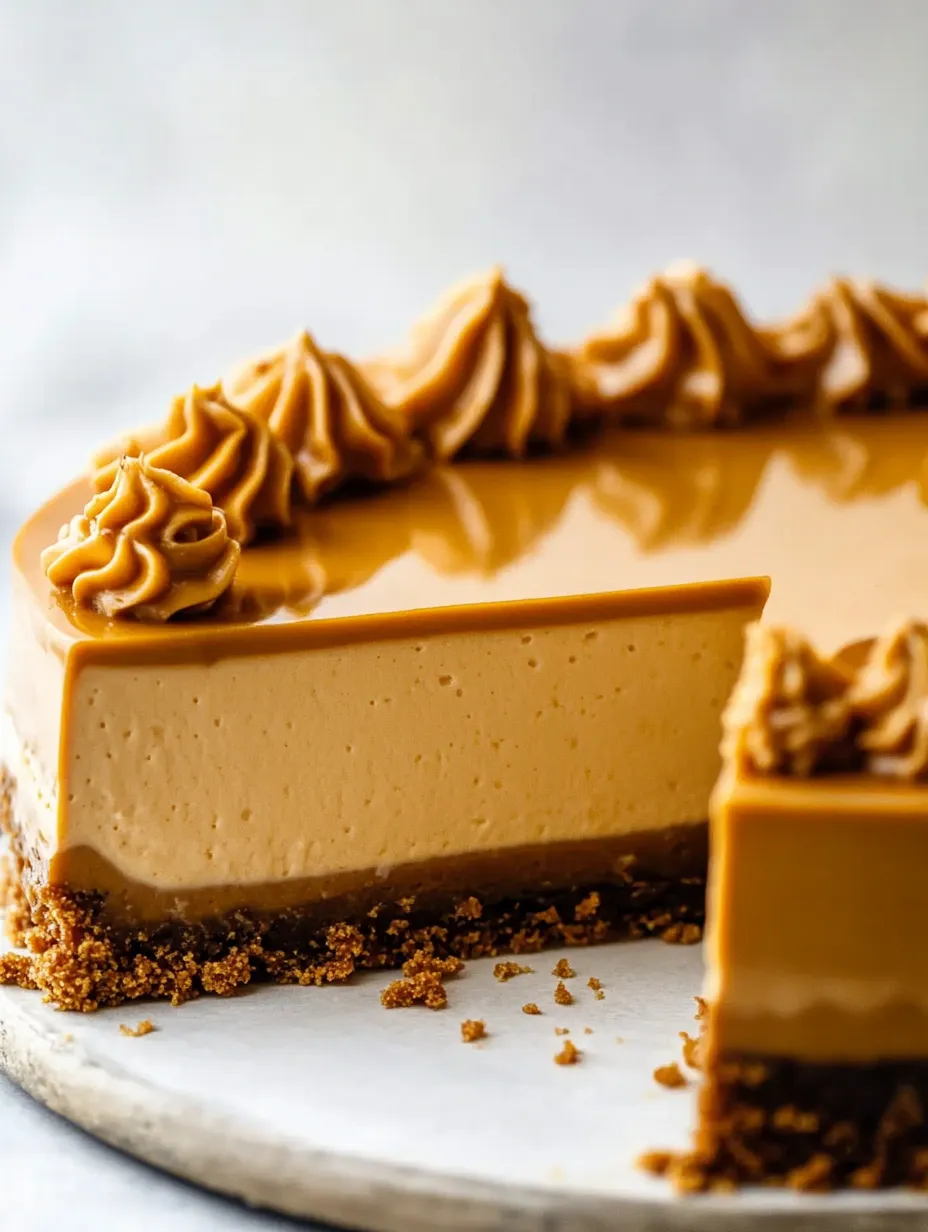 A slice of caramel cheesecake loaded with creamy topping.