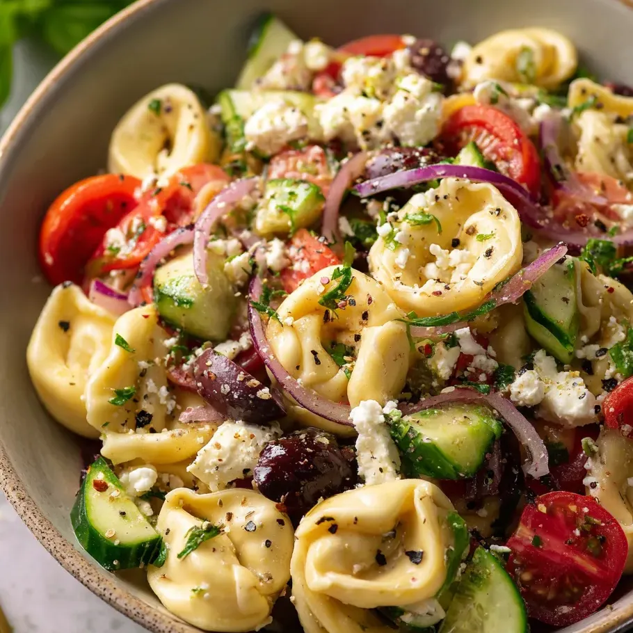 Pasta salad in a bowl with cucumbers, tomatoes, onions, and feta cheese chunks.
