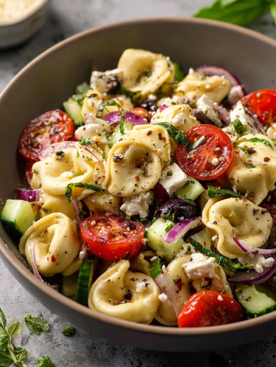 Pasta salad in a bowl with cheese, tomatoes, and cucumbers.