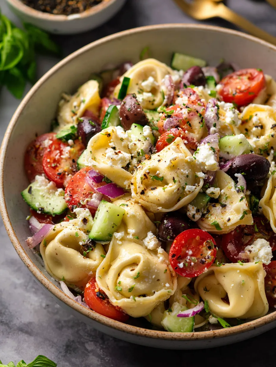A bowl full of tortellini pasta, feta, olives, cucumbers, and tomatoes.