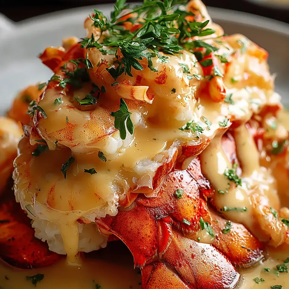 A serving platter with lobster and shrimp in a creamy sauce.