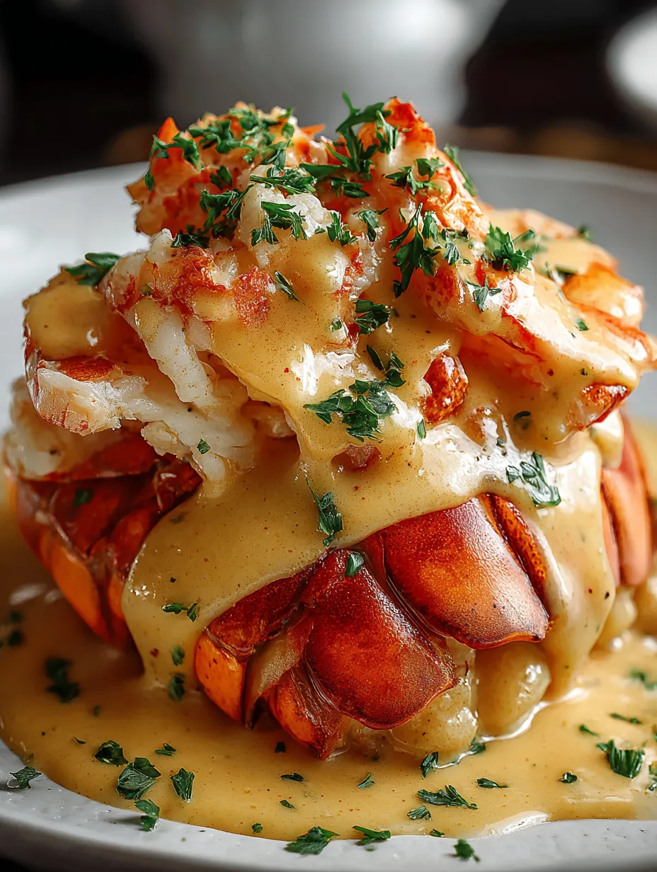 A lobster with a creamy sauce on top.
