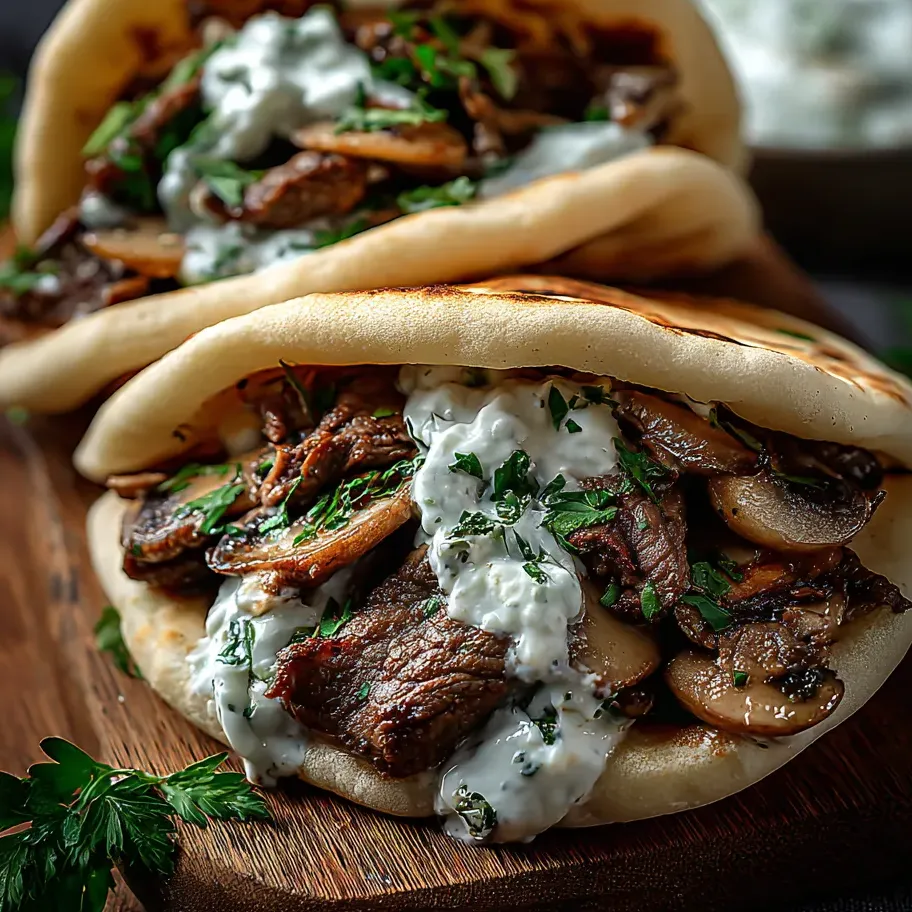 Two sandwiches with beef and mushrooms on a wooden table.
