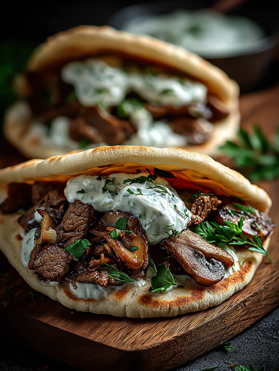 Two sandwiches filled with meat and veggies set on a wooden table.