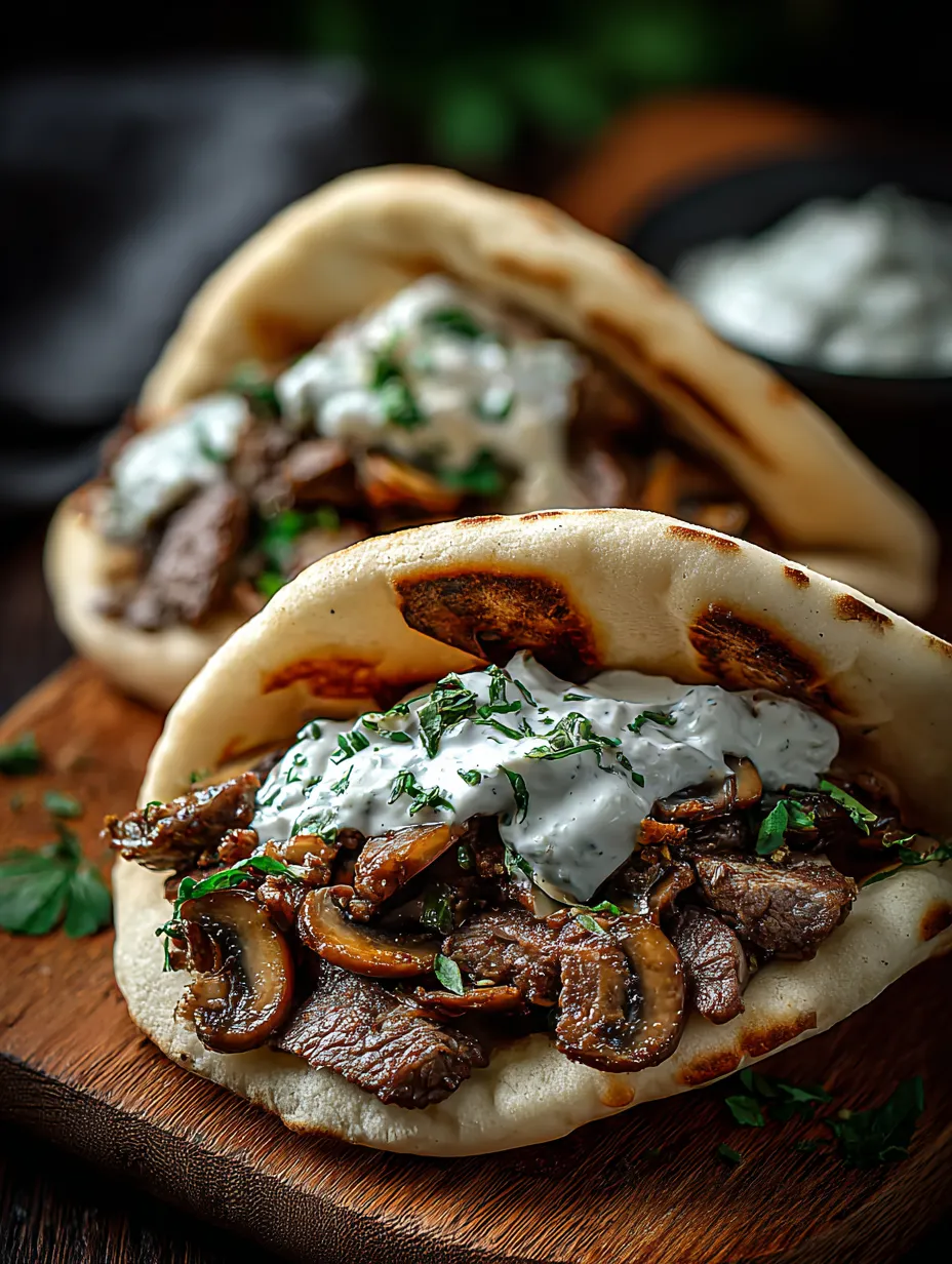 Two gyro sandwiches packed with mushrooms and meat.
