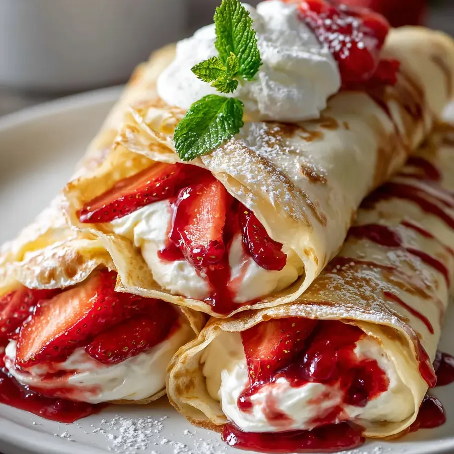 Big plate stacked with crepes, whipped cream, and fresh strawberries.