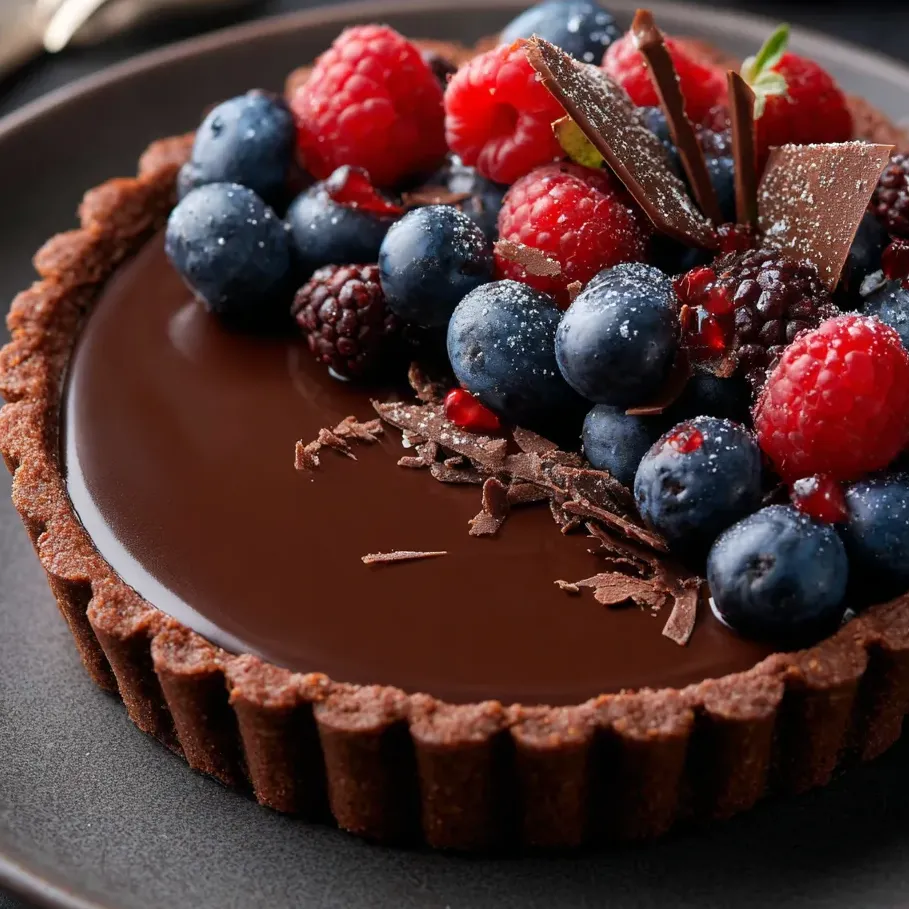 A slice of chocolate cake with raspberries on top.
