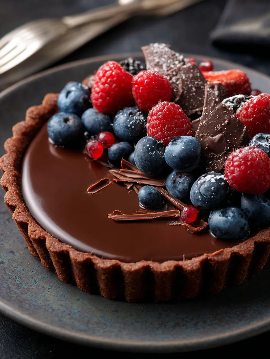 A chocolate dessert with berries on top.