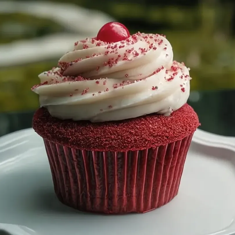 A red velvet cupcake with white frosting and a cherry on top.