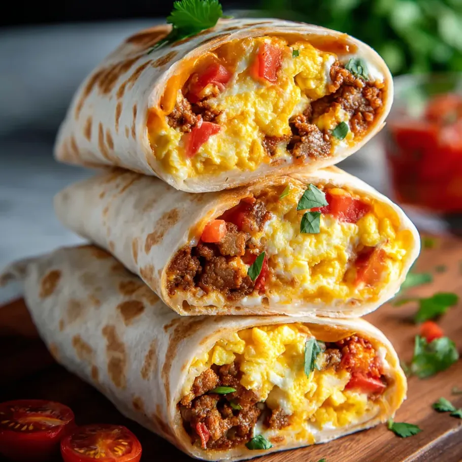 Three stacked burritos showing filling made with veggies and meat.