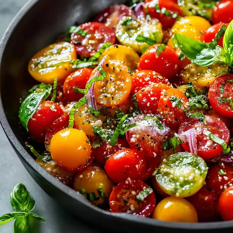 Big bowl packed with tomatoes, red onions, and fresh basil leaves.