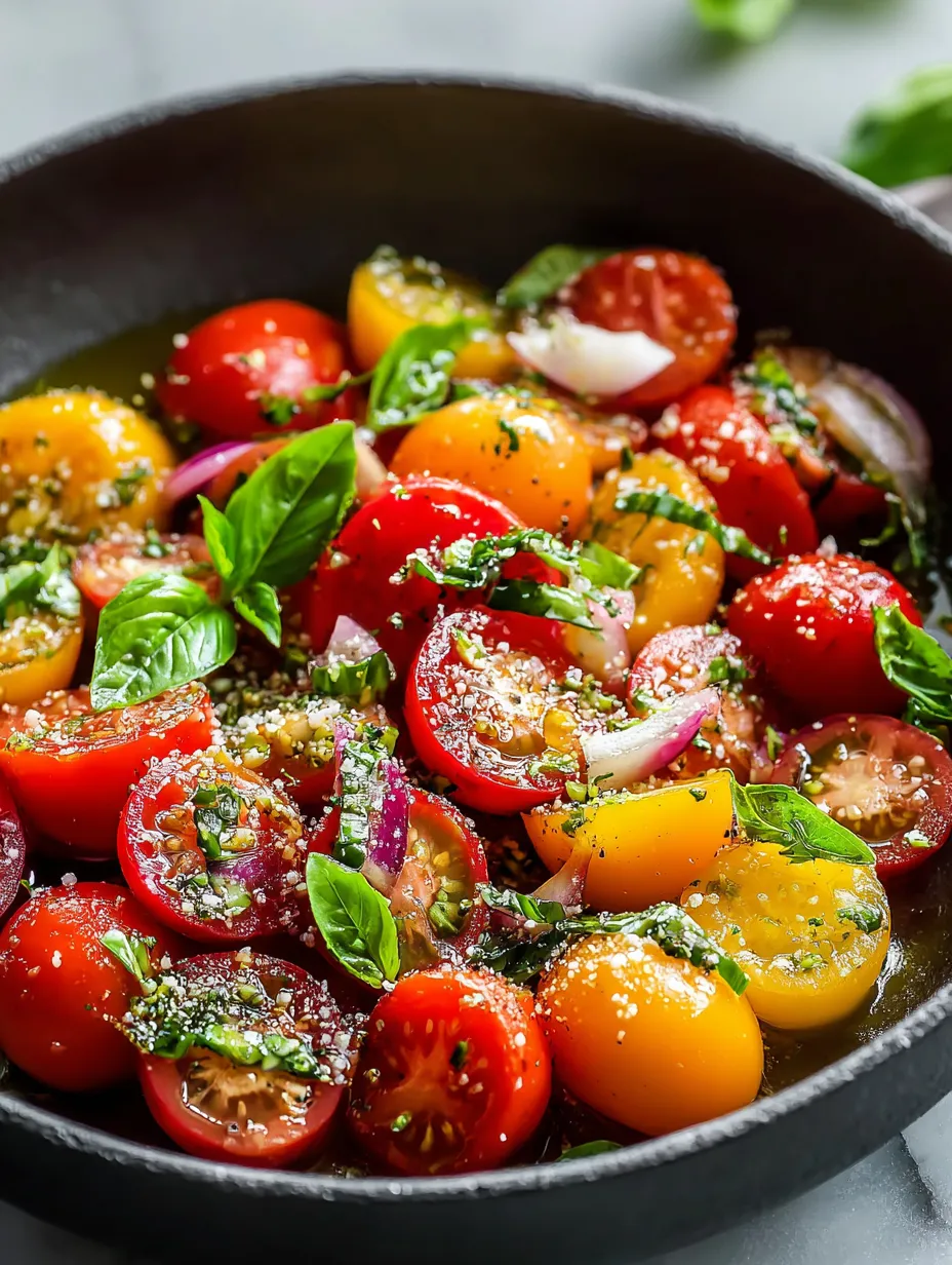 A bowl with colorful tomatoes, onions, and basil surrounded by a light dressing.