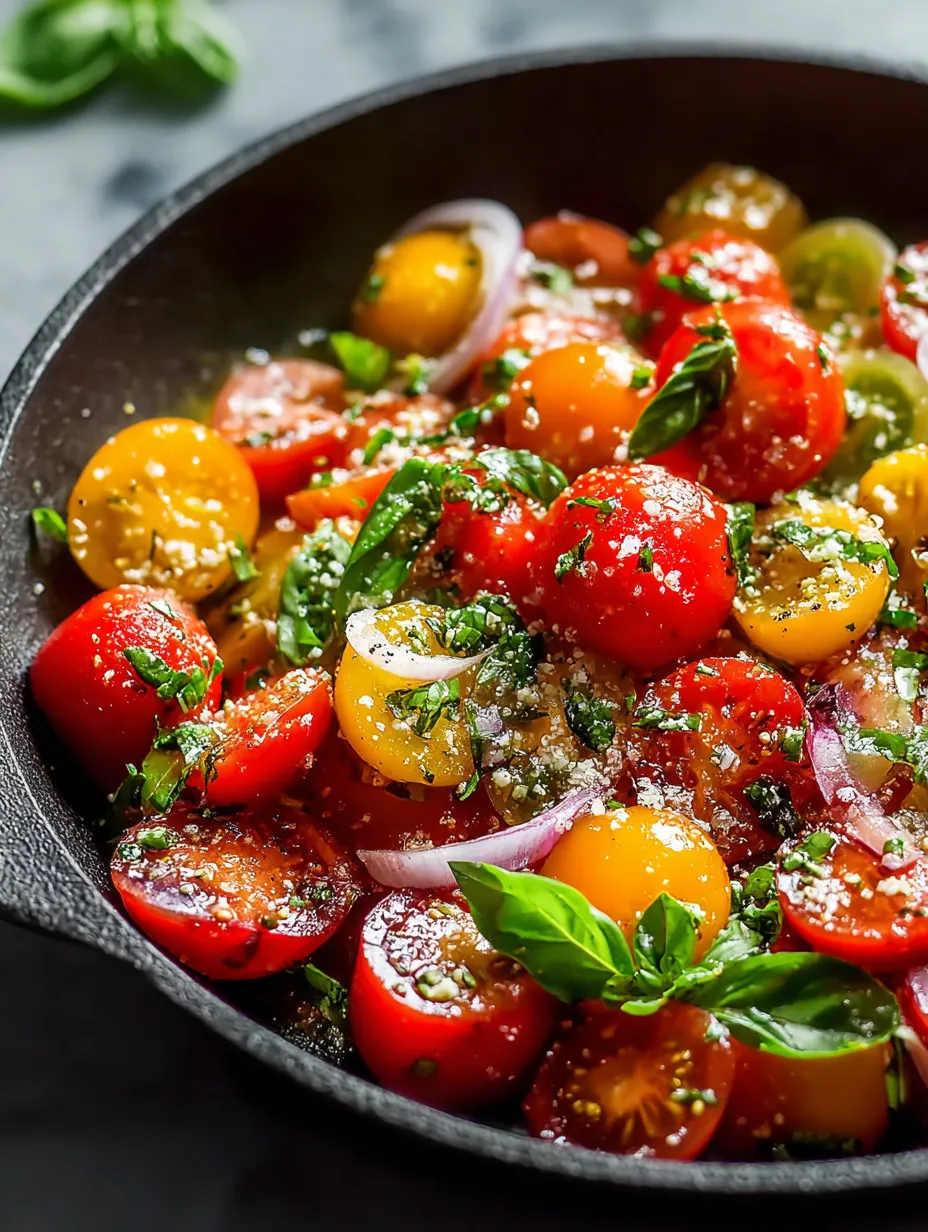 A bowl with colorful tomatoes, onions, and basil surrounded by a light dressing.