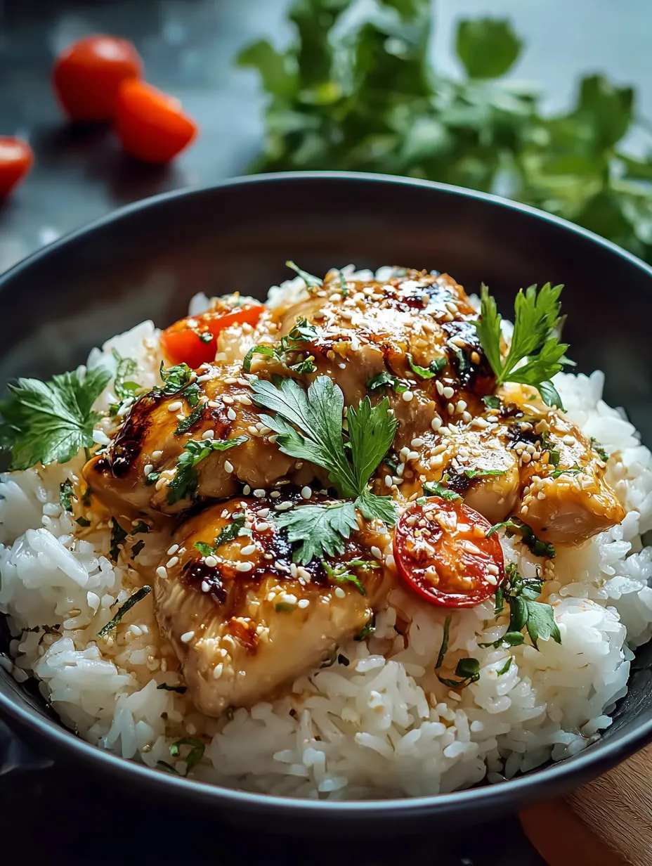 A bowl of rice with chicken and tomatoes.