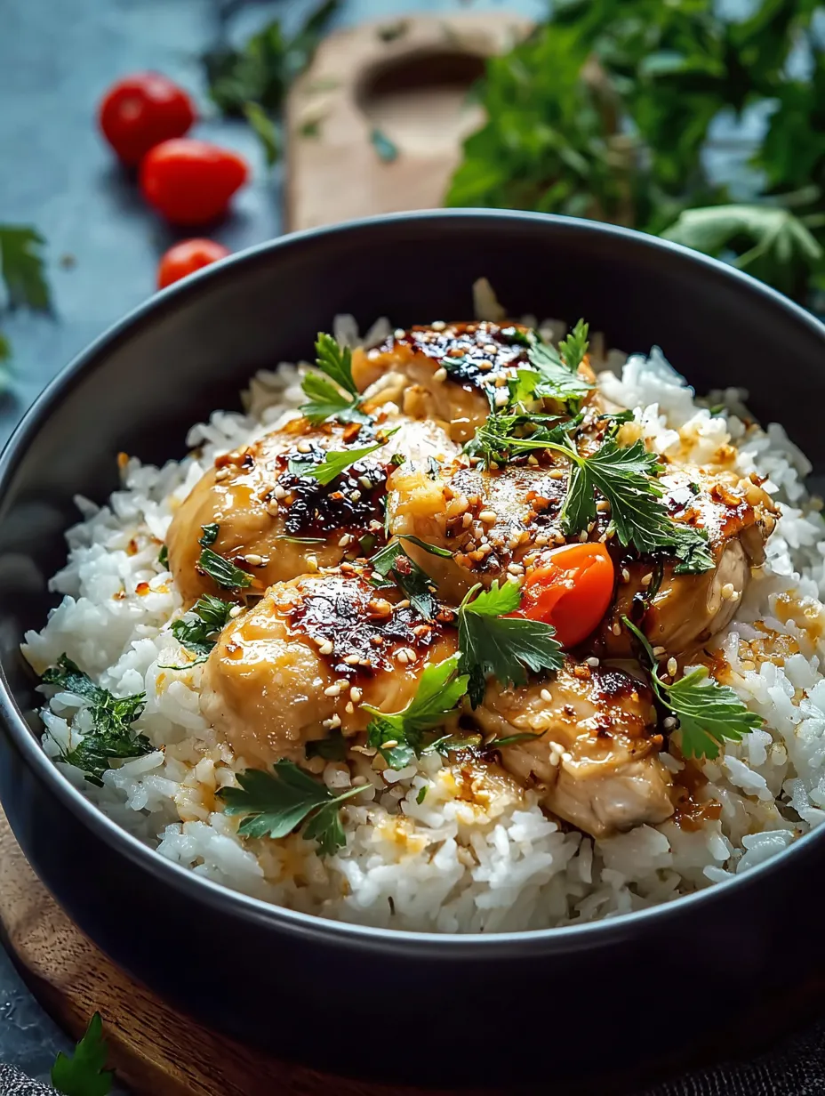 A bowl of rice with chicken and tomatoes.