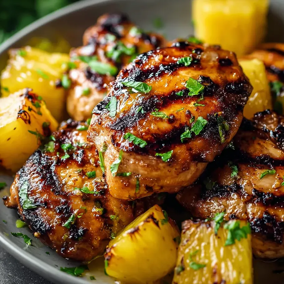 Grilled chicken with mango and potatoes on a plate.