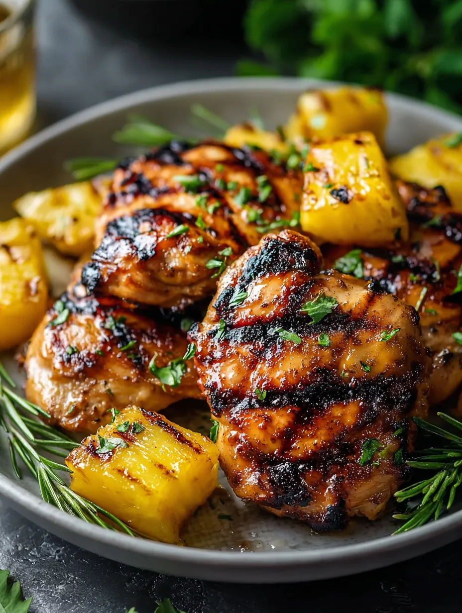 Grilled chicken topped with pineapple pieces and chopped herbs.
