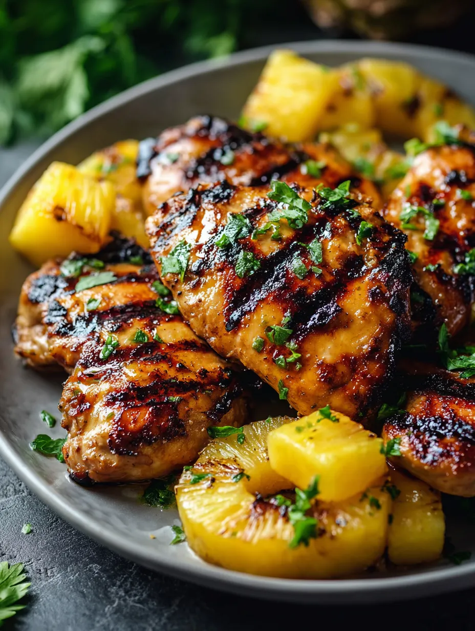 A plate with grilled chicken and rings of pineapple.
