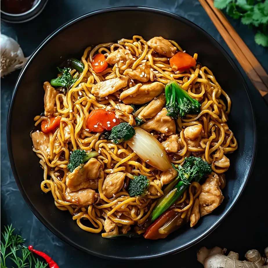 A bowl filled with chicken, noodles, and veggies.