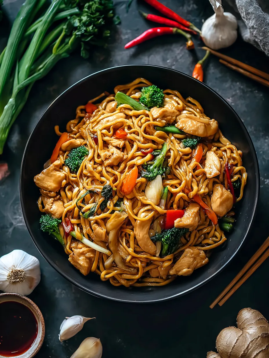 A bowl of Chinese food with chicken, broccoli, carrots, and peppers.