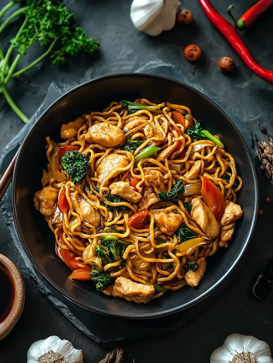 A bowl of chinese food with noodles and vegetables.