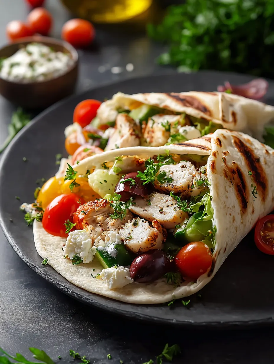 Plate featuring a chicken wrap and bowl of creamy sauce.