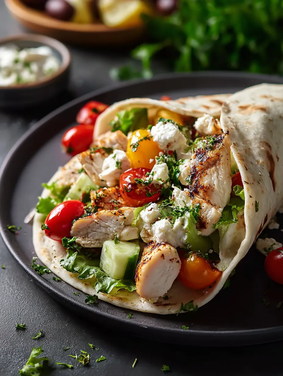 A plate showing a chicken wrap and sliced tomatoes.