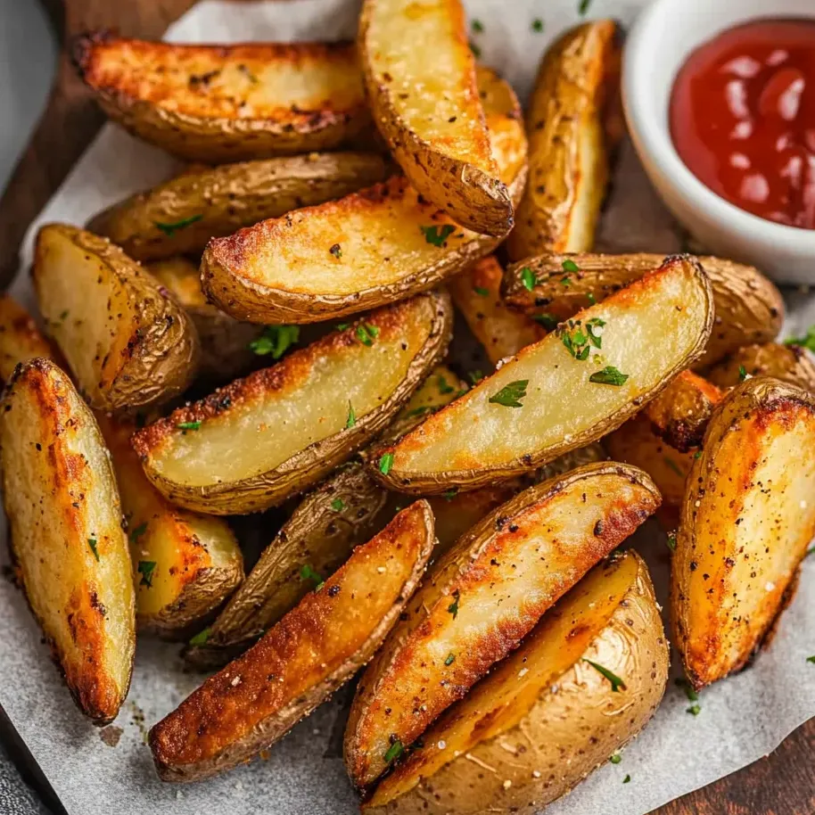 Fries stacked on a plate with some ketchup on the side.
