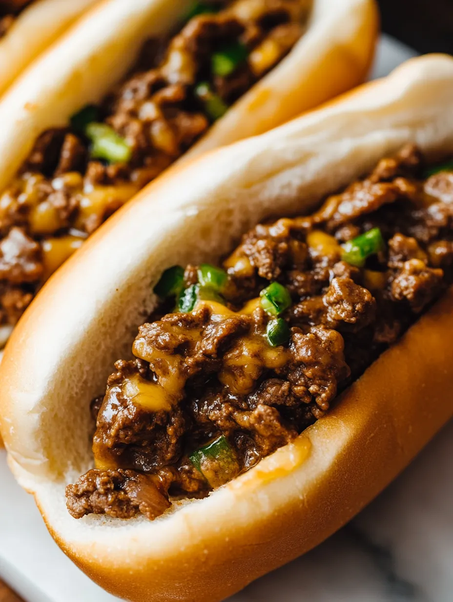 Gooey beef and cheese filling in sandwich bread.