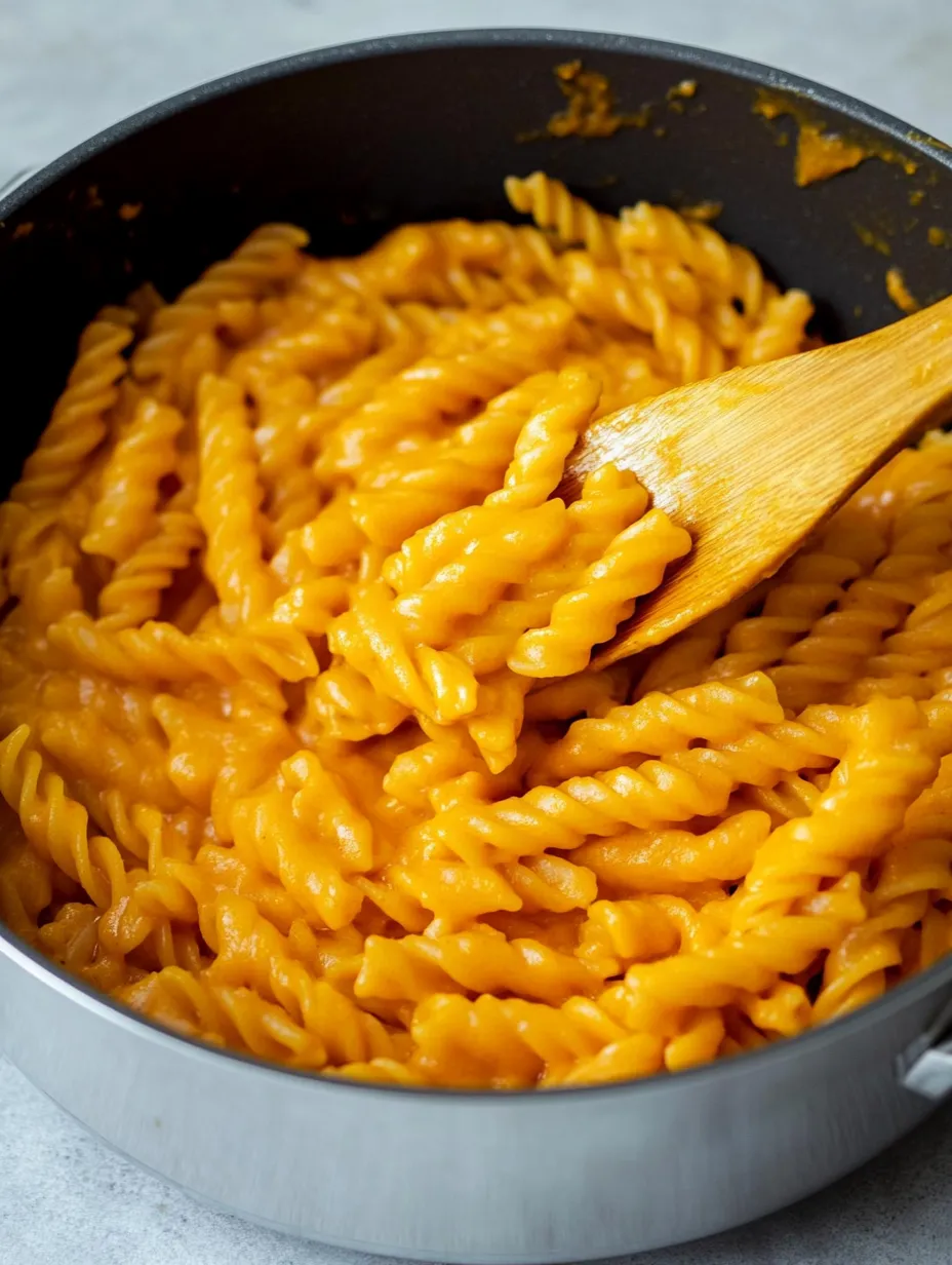 A wooden spoon in a pot of macaroni and cheese.