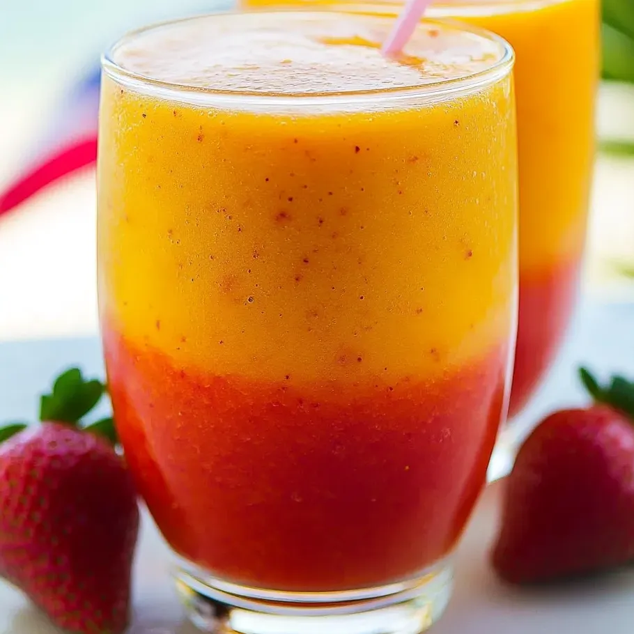 A cup of orange juice with strawberries by the side.