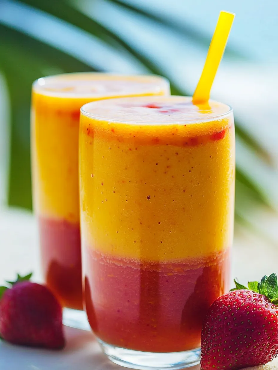 Orange mango beverages in glasses with fresh strawberries nearby.