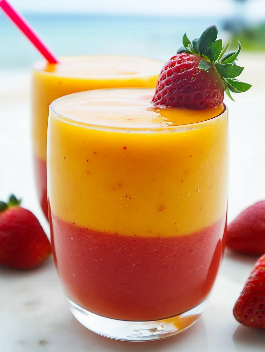 Two glasses filled with orange mango and strawberry layers.