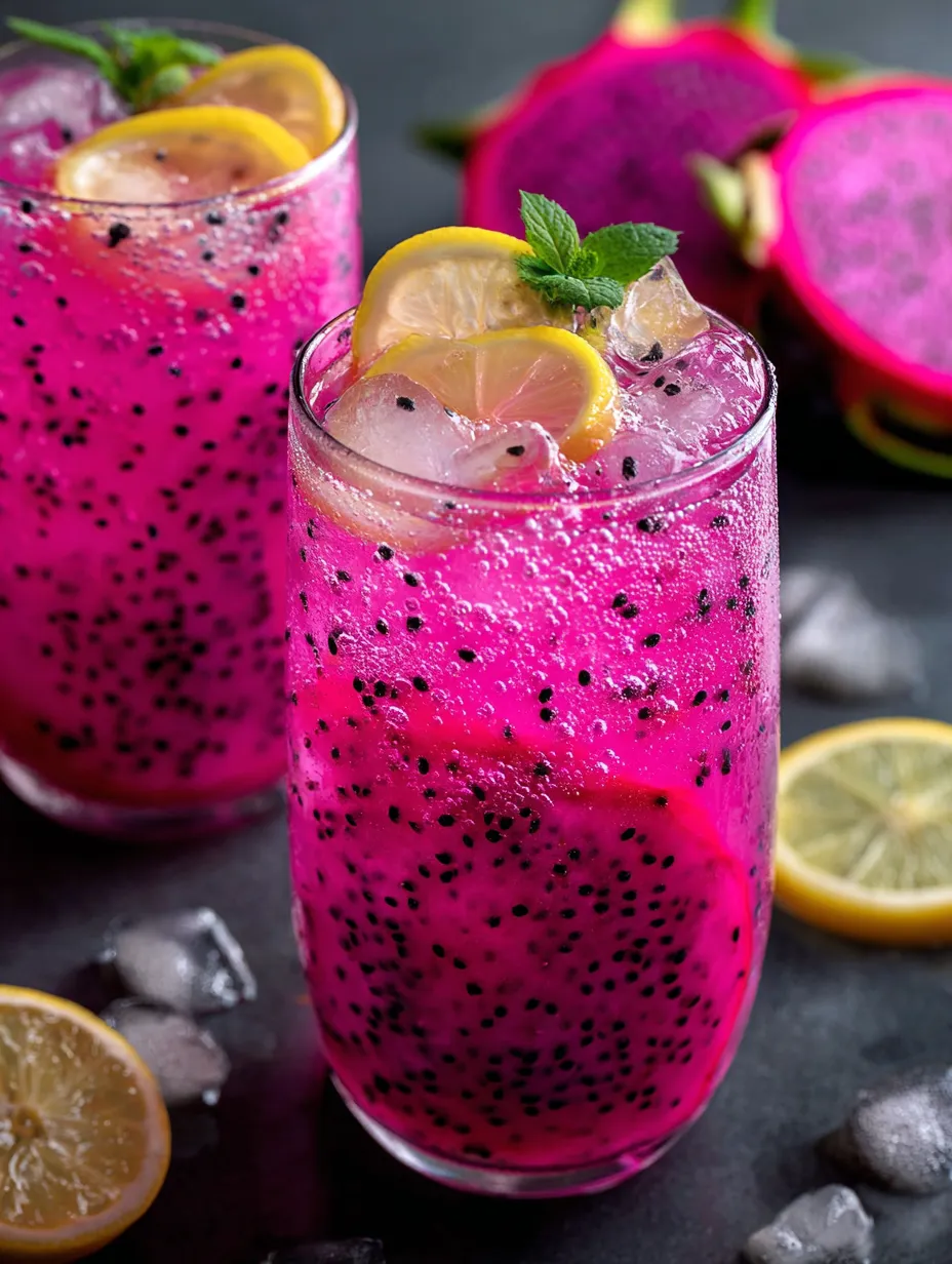 A tall glass of brilliant pink drink topped with fresh lemon slices.