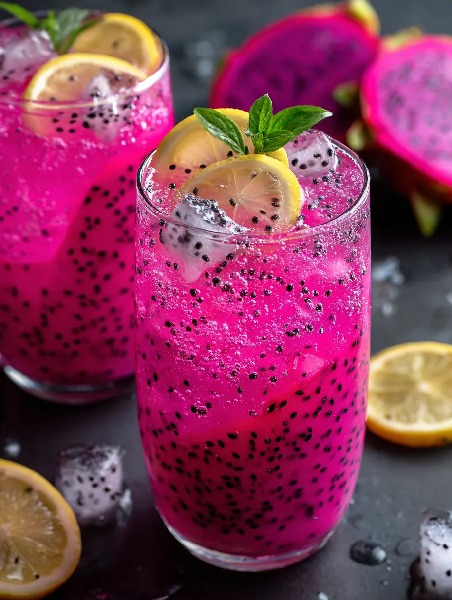 A glass filled with vivid pink lemonade and a lemon wedge on the rim.