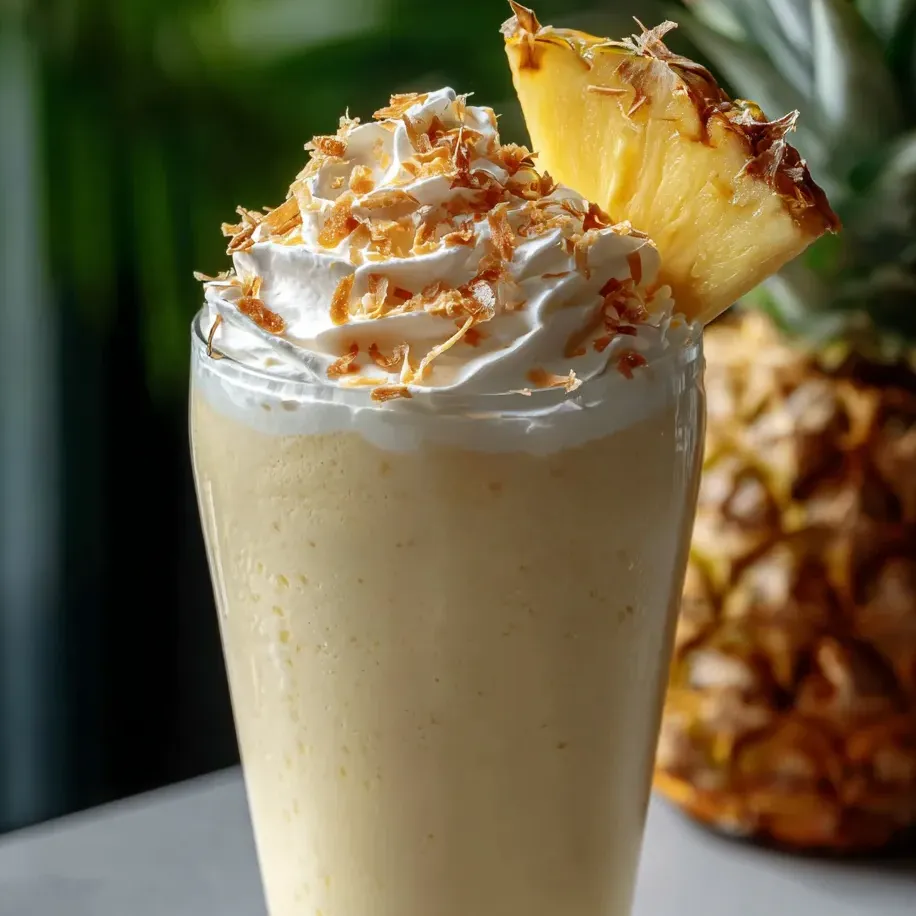 A glass filled with pineapple shake and a pineapple slice perched on the edge.