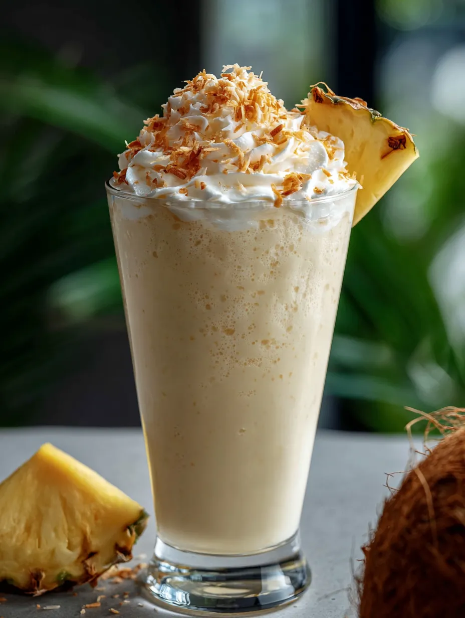 Tall glass holding pineapple shake with a pineapple slice on the glass.