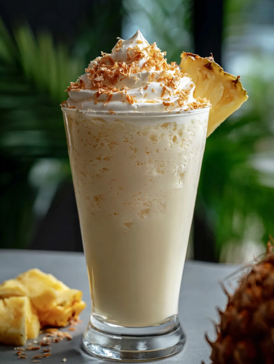 A tall glass filled with pineapple shake and a pineapple slice sitting nearby.