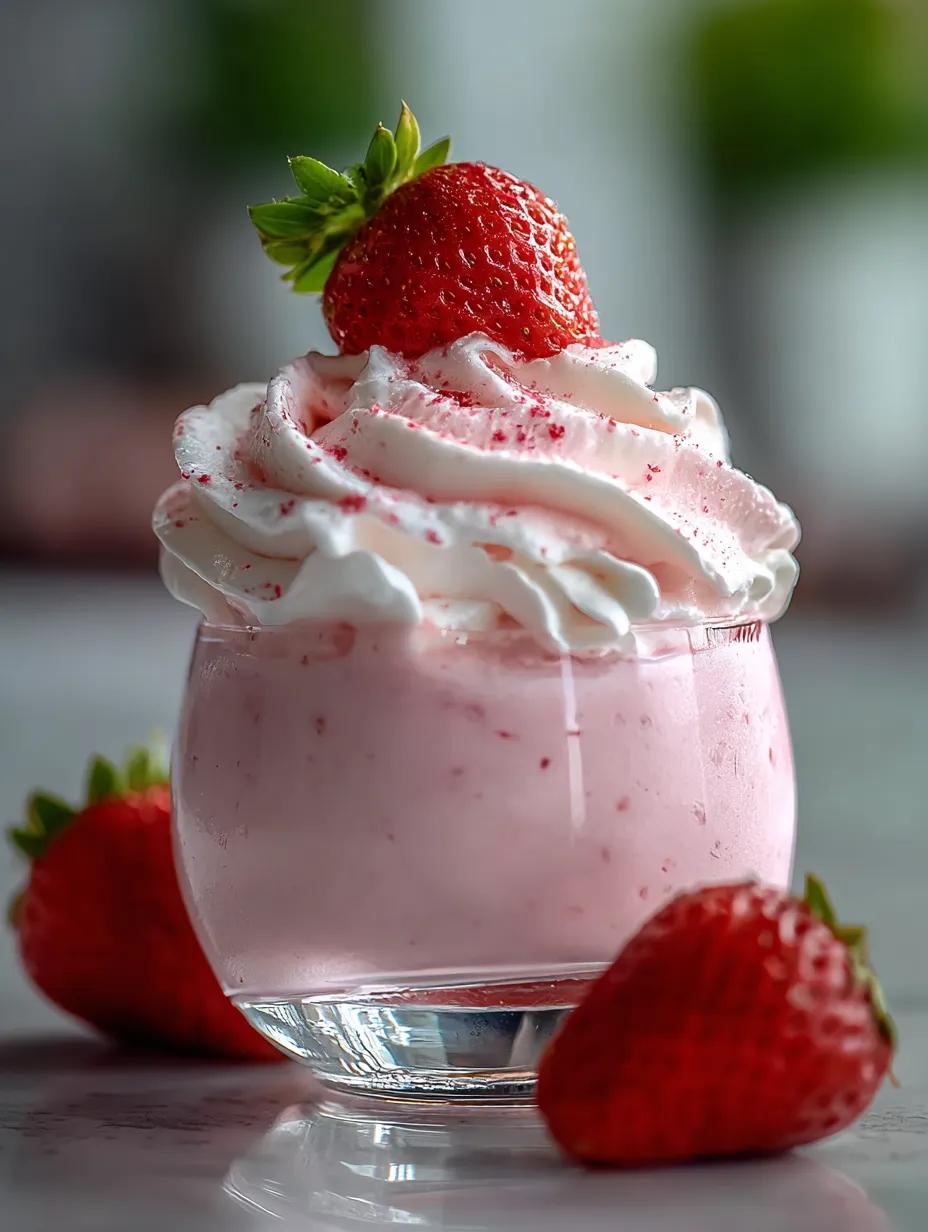 Pretty pink mousse in a glass with strawberry slices on top.
