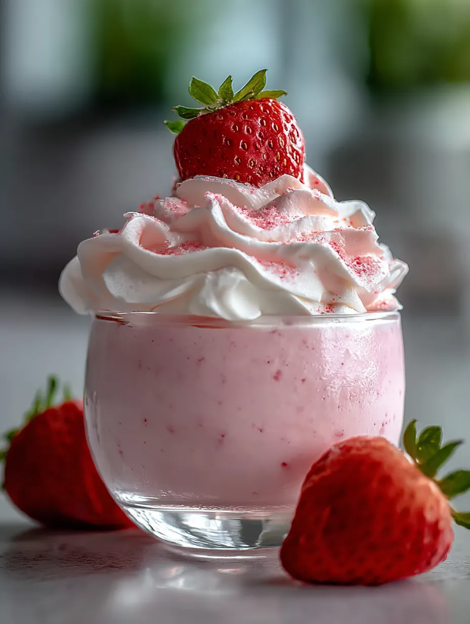A tall glass filled with whipped strawberry cream.