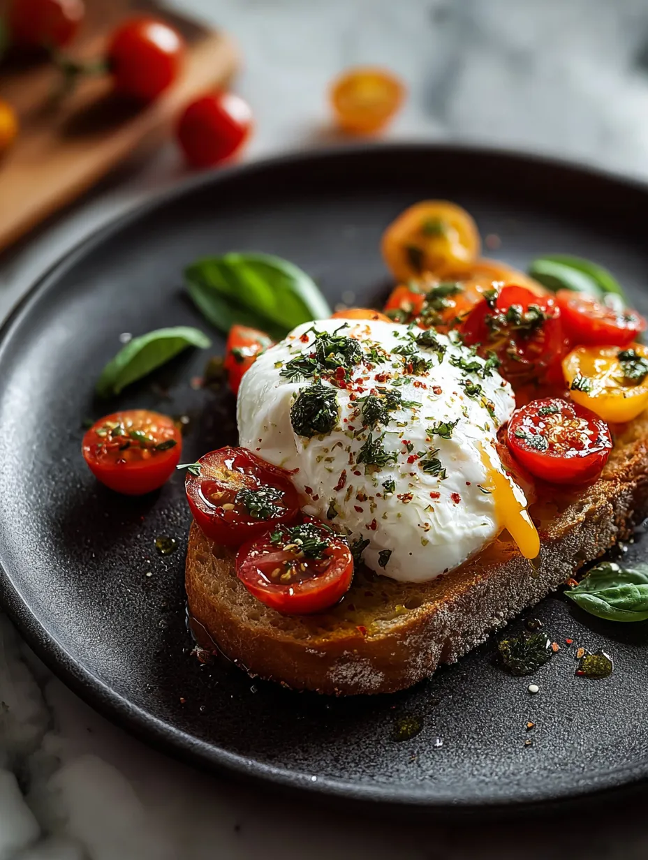 A plate loaded with toast, juicy tomatoes, and fresh basil.