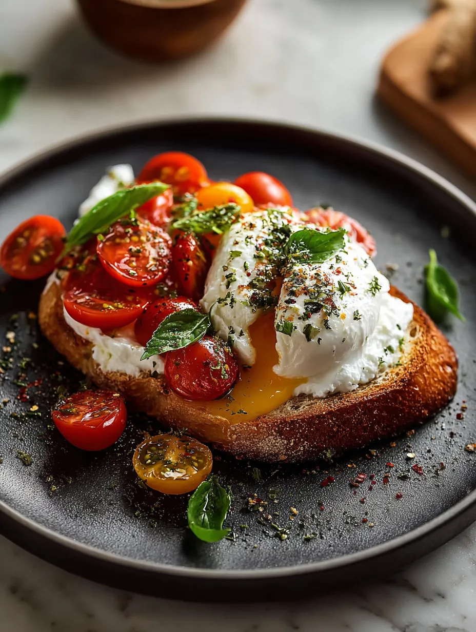A plate stacked with toasted bread, tomatoes, and a soft-cooked egg.