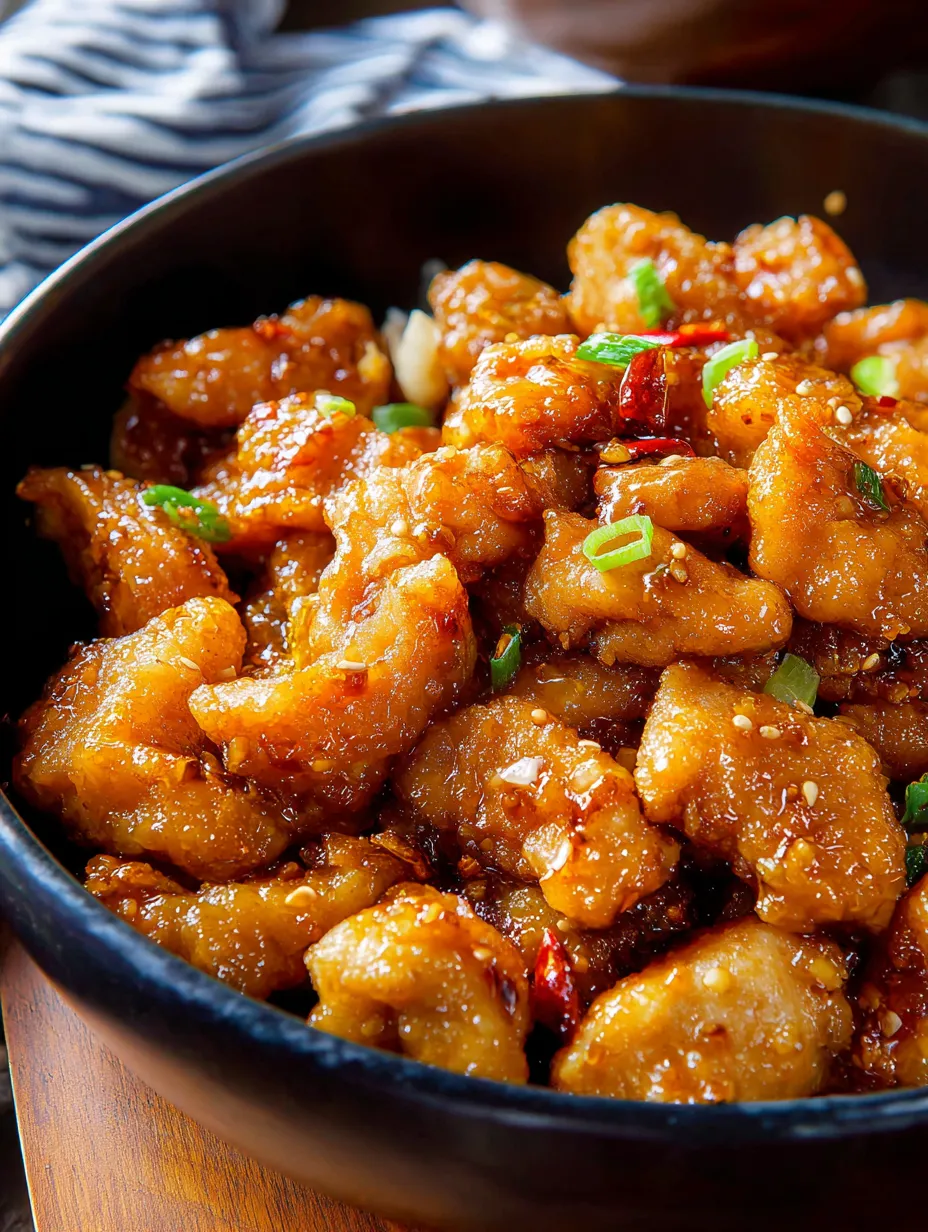 A bowl holding saucy chicken and a spoon.