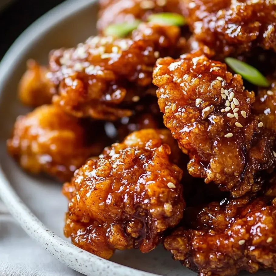 Plated chicken in a sticky Korean glaze.